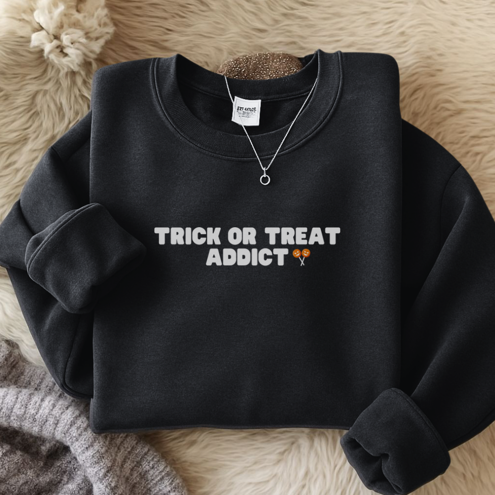 Trick or Treat Addict Sweatshirt | Cute Halloween Pullover | Spooky Season Fall Sweater