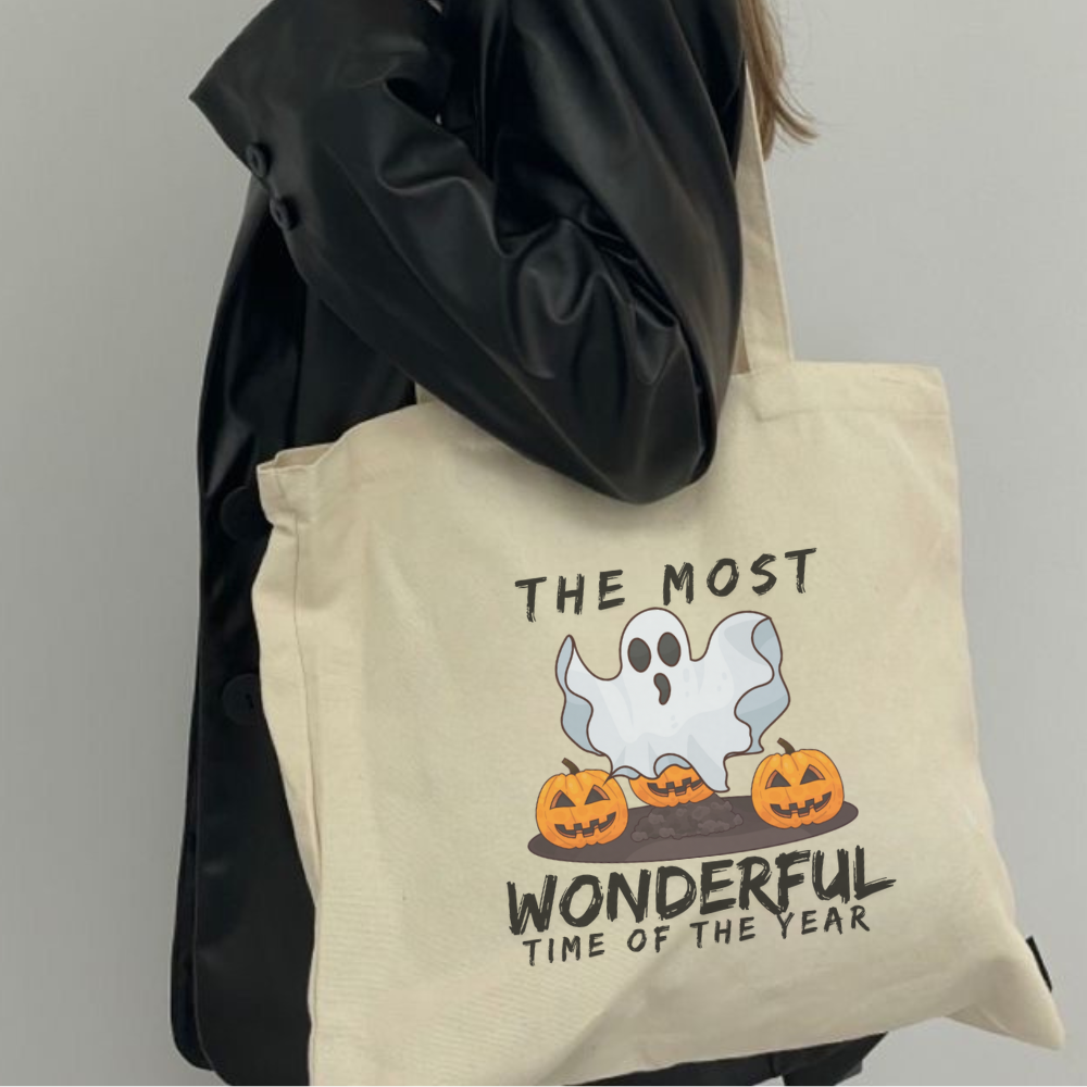 The Most Wonderful Time of the Year Halloween Tote Bag | Cute Ghost & Pumpkin Reusable Trick or Treat Bag