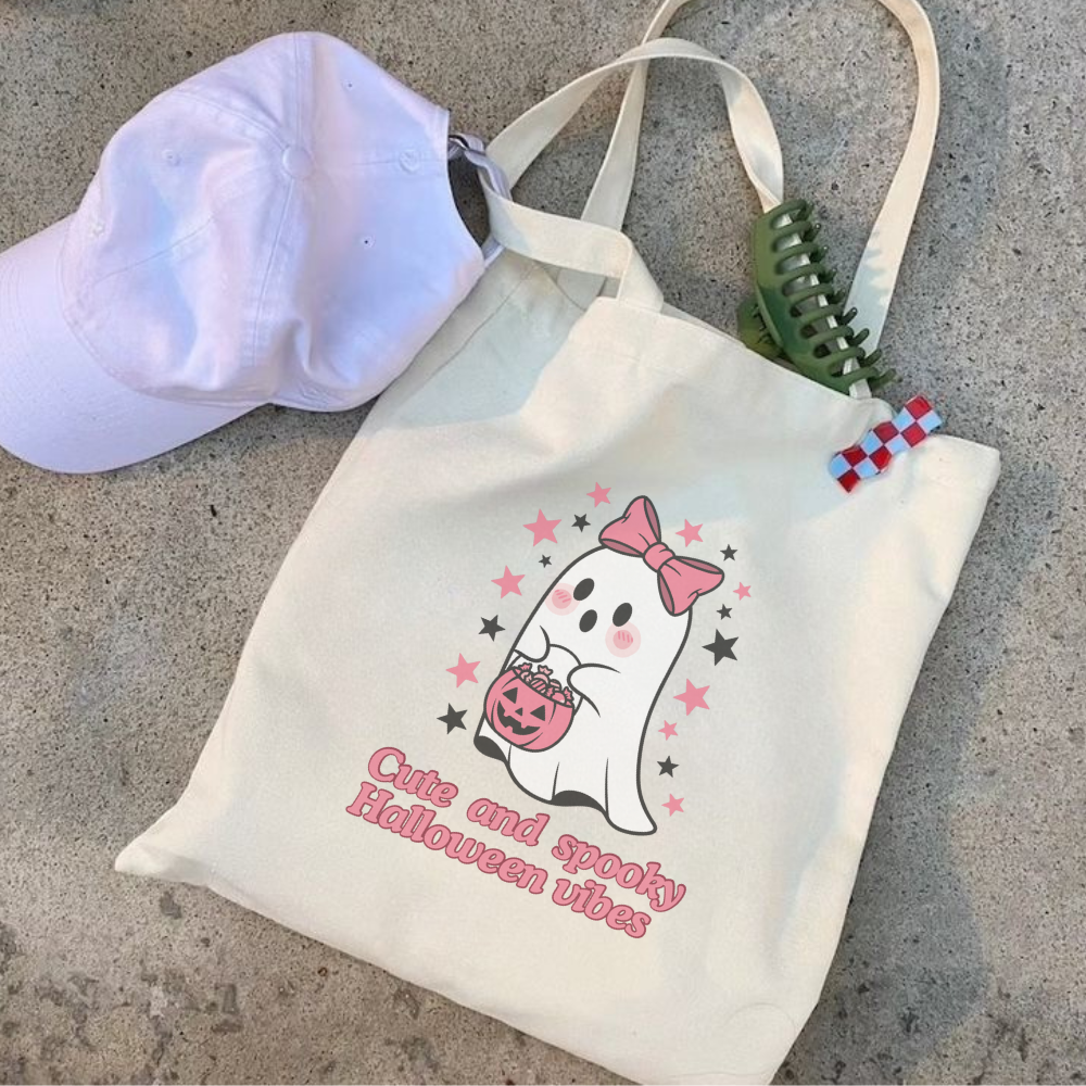 Cute and Spooky Halloween Vibes Tote Bag with Girly Ghost | Fall Aesthetic Reusable Canvas Bag | Trick or Treat Shopper