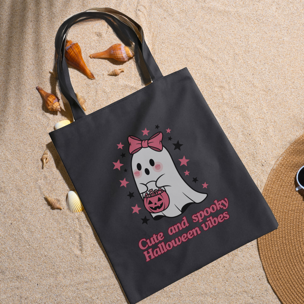 Cute and Spooky Halloween Vibes Tote Bag with Girly Ghost | Fall Aesthetic Reusable Canvas Bag | Trick or Treat Shopper