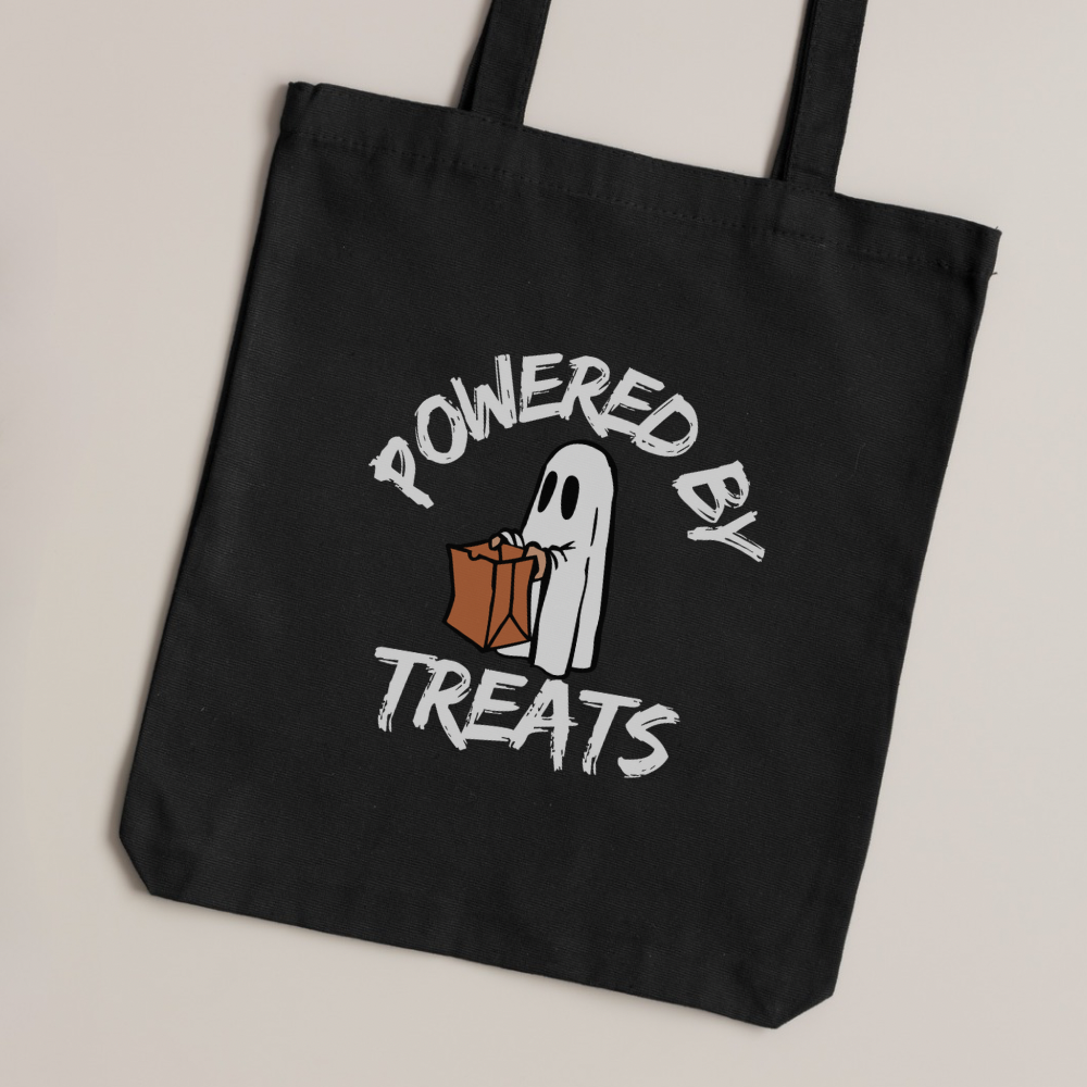 Powered by Treats Tote Bag | Cute Halloween Tote | Funny Trick or Treat Bag | Spooky Season Reusable Tote