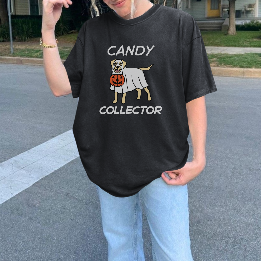 Candy Collector T-Shirt | Cute Ghost Dog Halloween Tee | Trick or Treat Graphic Shirt | Spooky Season Dog Lover Gift
