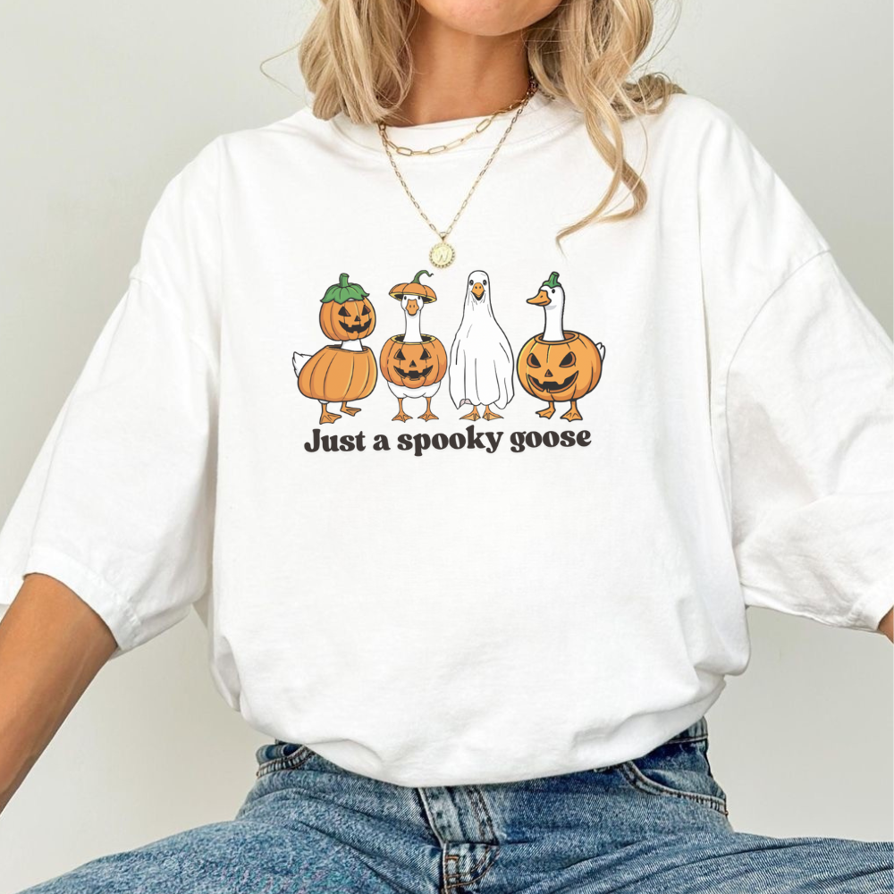 Just a Spooky Goose T-Shirt | Funny Halloween Goose Shirt | Cute Ghost Goose Tee | Spooky Season Fall Aesthetic Graphic Tee