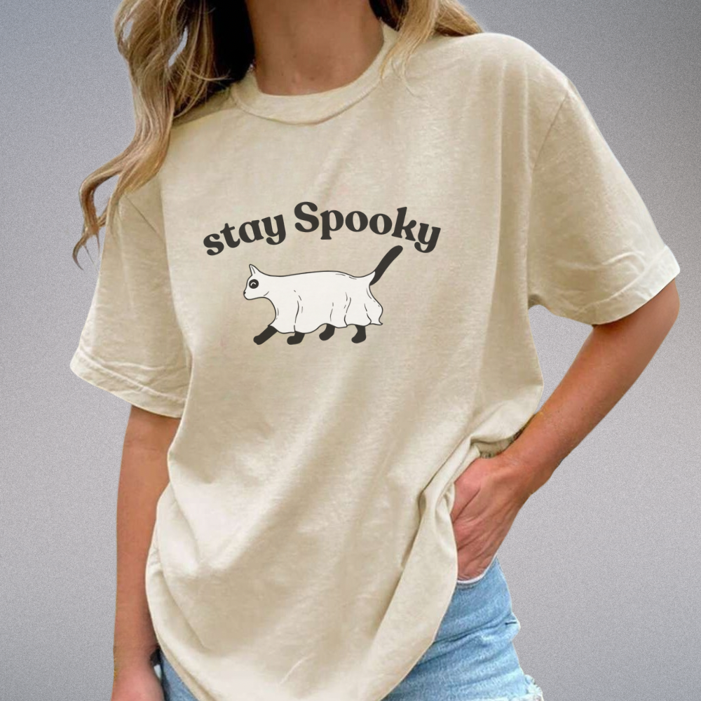 Stay Spooky Ghost Cat T-Shirt | Cute Halloween Cat Tee | Spooky Season Graphic Shirt | Gothic Cat Lover Gift