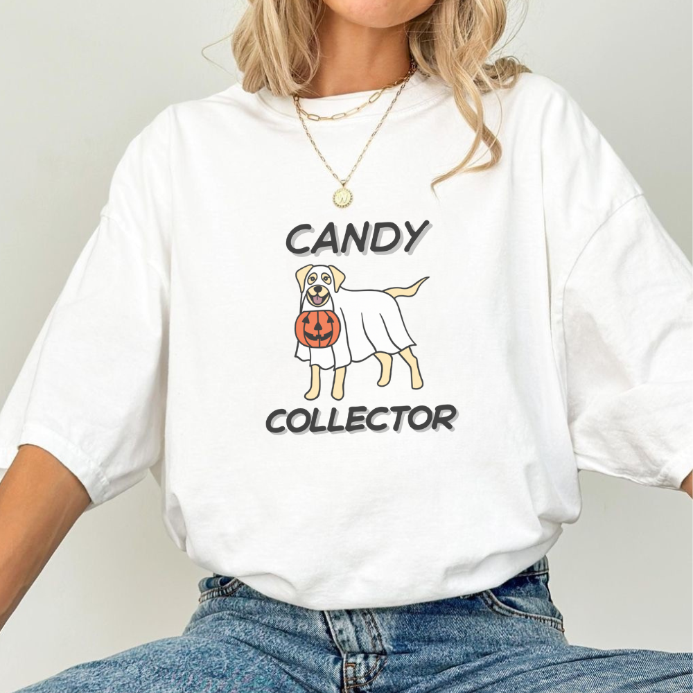 Candy Collector T-Shirt | Cute Ghost Dog Halloween Tee | Trick or Treat Graphic Shirt | Spooky Season Dog Lover Gift