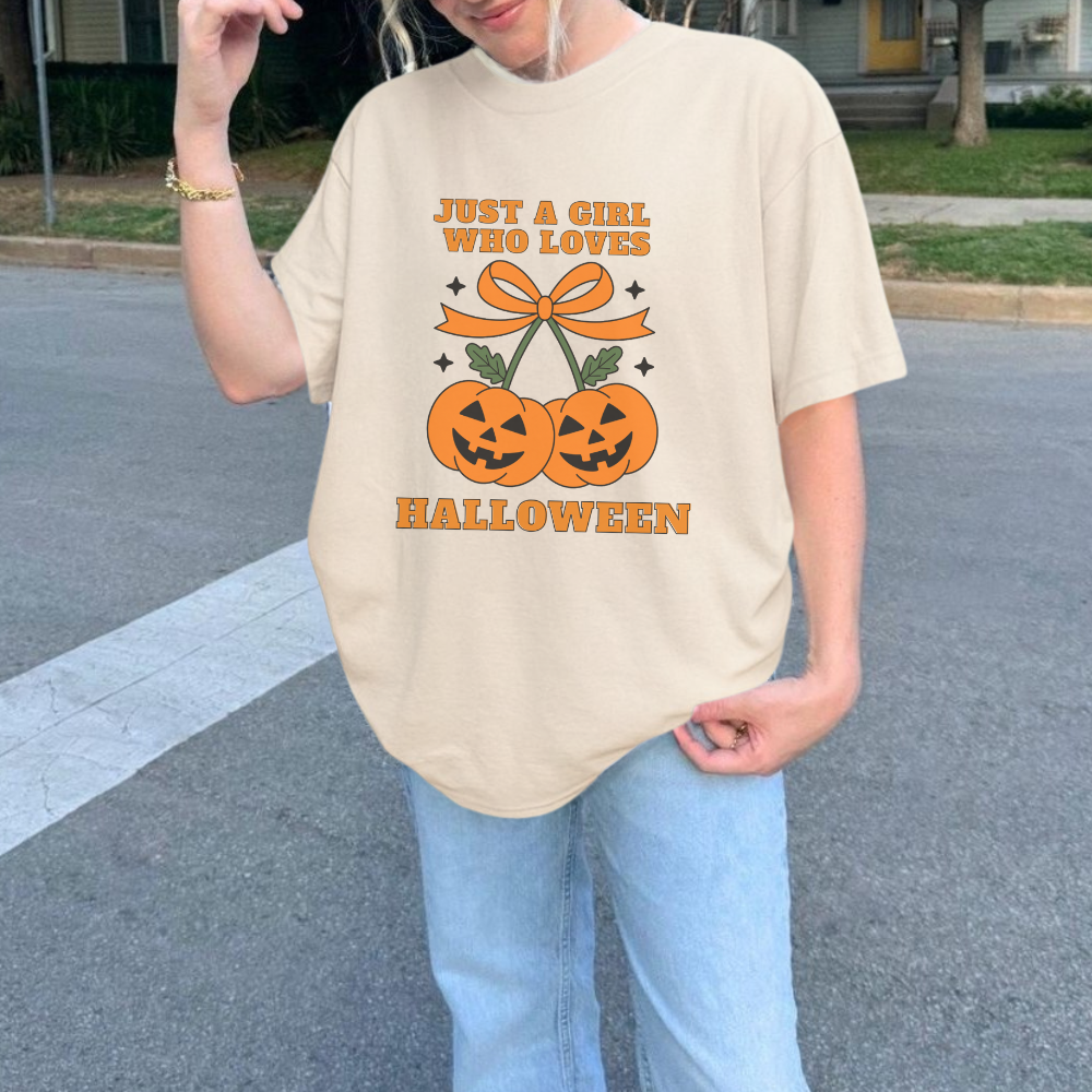 Just a Girl Who Loves Halloween T-Shirt | Coquette Pumpkin Cherries Aesthetic Fall Tee