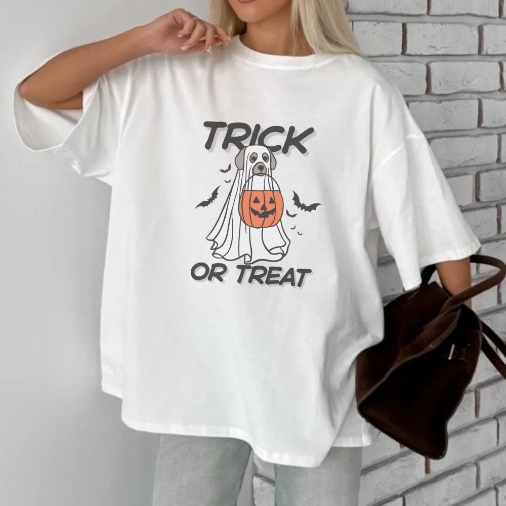 Trick or Treat Ghost Dog T-Shirt | Cute Halloween Dog Tee | Spooky Season Shirt| Trick or Treating Candy Lover Tee