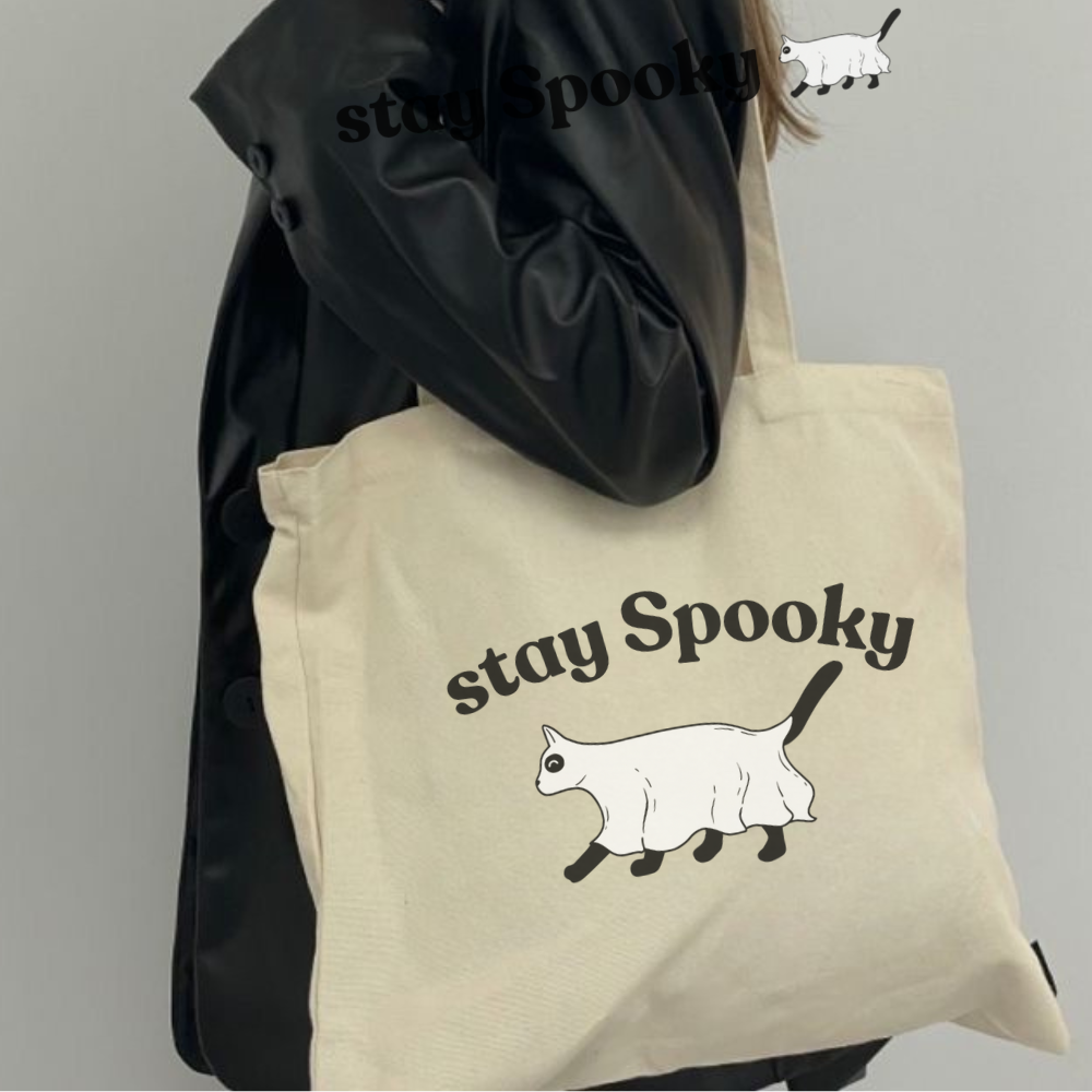 Stay Spooky Ghost Cat Tote Bag | Cute Halloween Cat Bag | Spooky Season Aesthetic Reusable Tote | Gothic Cat Lover Gift