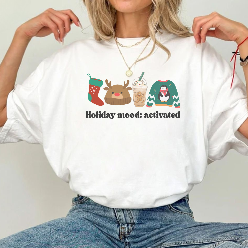 Holiday Mood Activated Christmas T-Shirt | Cute Festive Tee | Funny Holiday Shirt | Cozy Christmas Outfit | Christmas Gift for Her | Holiday Vibes Tee