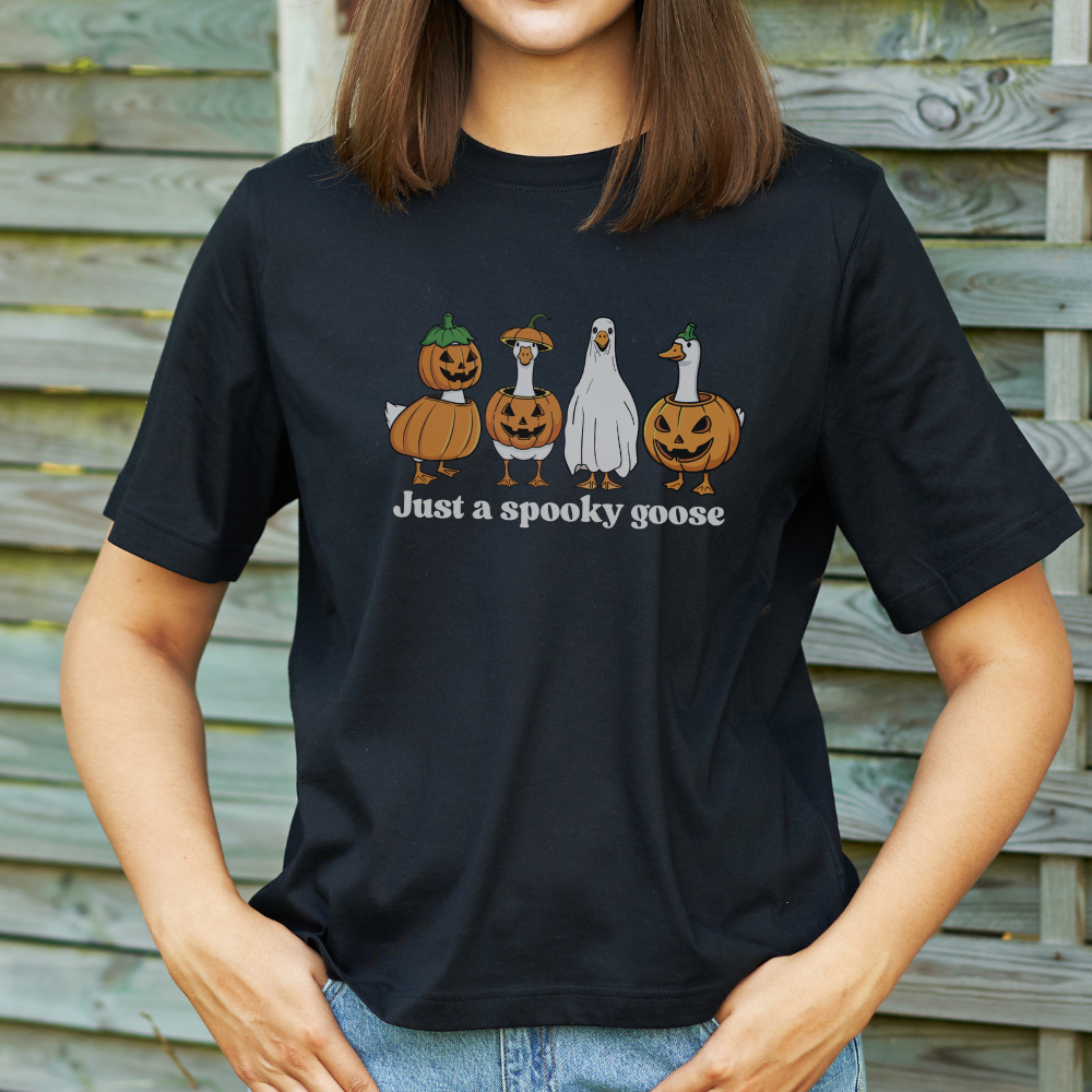 Just a Spooky Goose T-Shirt | Funny Halloween Goose Shirt | Cute Ghost Goose Tee | Spooky Season Fall Aesthetic Graphic Tee