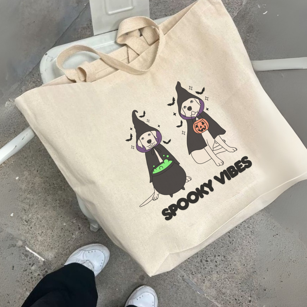 Spooky Vibes Tote Bag | Cute Halloween Dog Tote | Funny Spooky Season Bag | Reusable Trick or Treat Tote