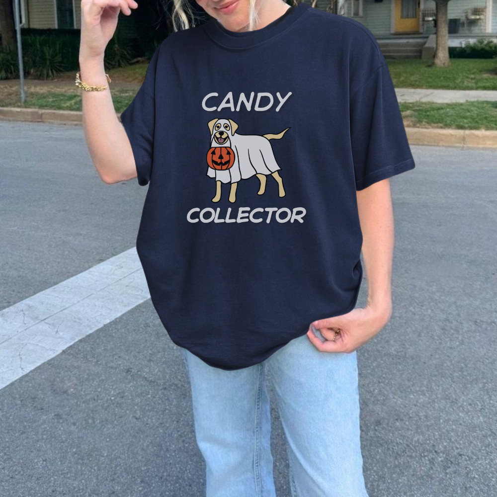 Candy Collector T-Shirt | Cute Ghost Dog Halloween Tee | Trick or Treat Graphic Shirt | Spooky Season Dog Lover Gift
