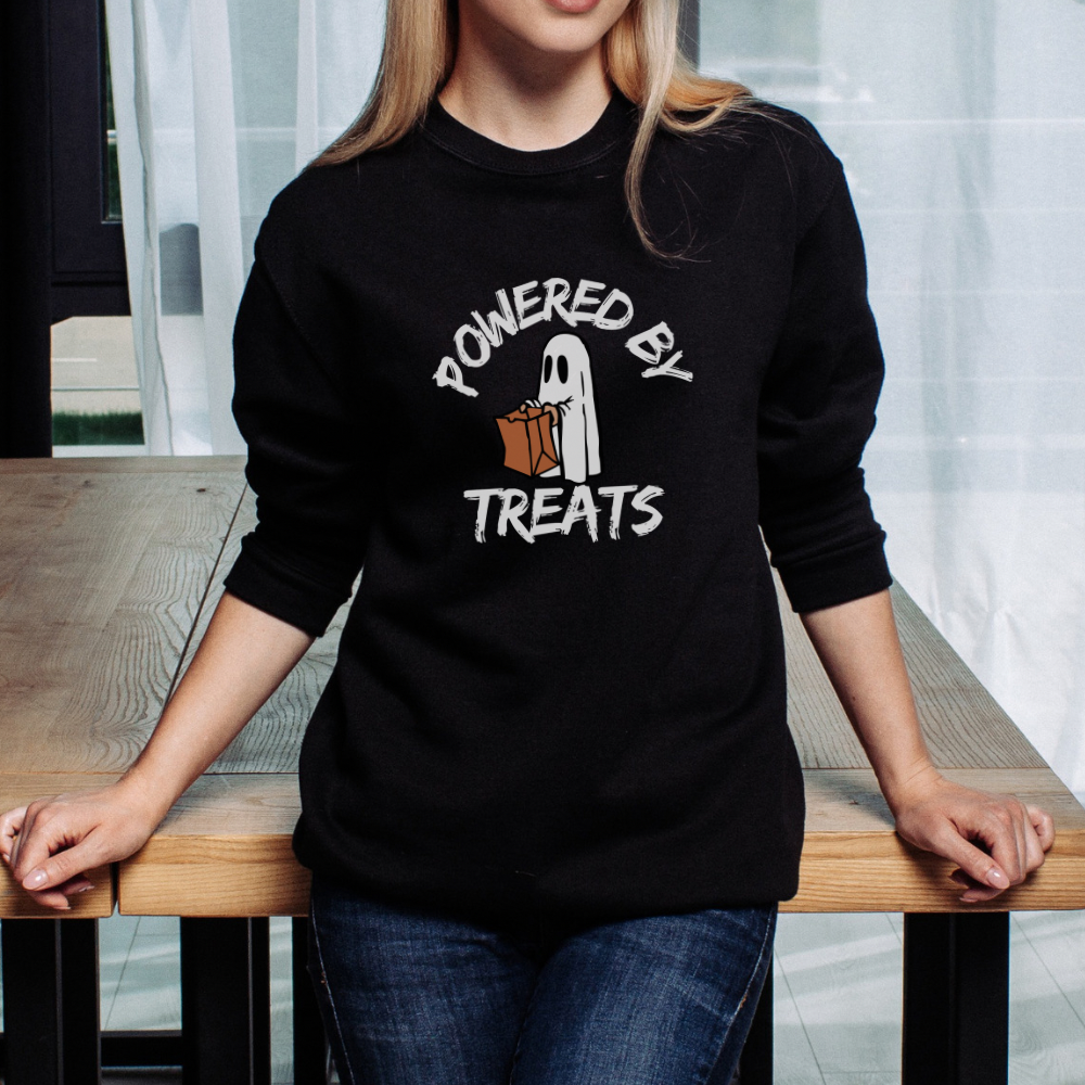 Powered by Treats Halloween Sweatshirt | Cute Ghost Trick or Treating Sweater