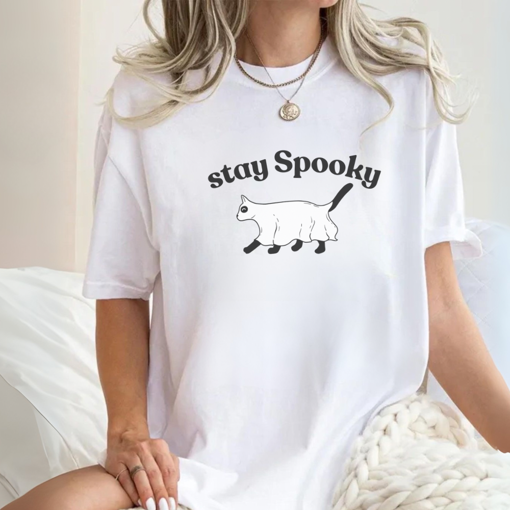 Stay Spooky Ghost Cat T-Shirt | Cute Halloween Cat Tee | Spooky Season Graphic Shirt | Gothic Cat Lover Gift