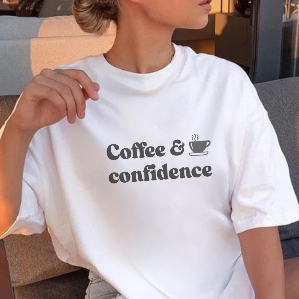 Coffee and Confidence T-Shirt | Cute Coffee Lover Graphic Tee | Motivational Everyday Shirt | Aesthetic Casual Top