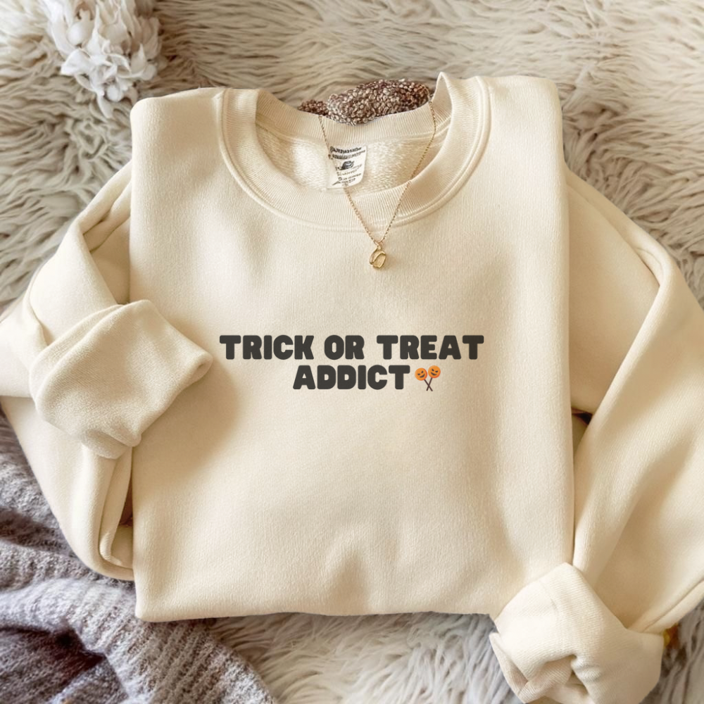 Trick or Treat Addict Sweatshirt | Cute Halloween Pullover | Spooky Season Fall Sweater