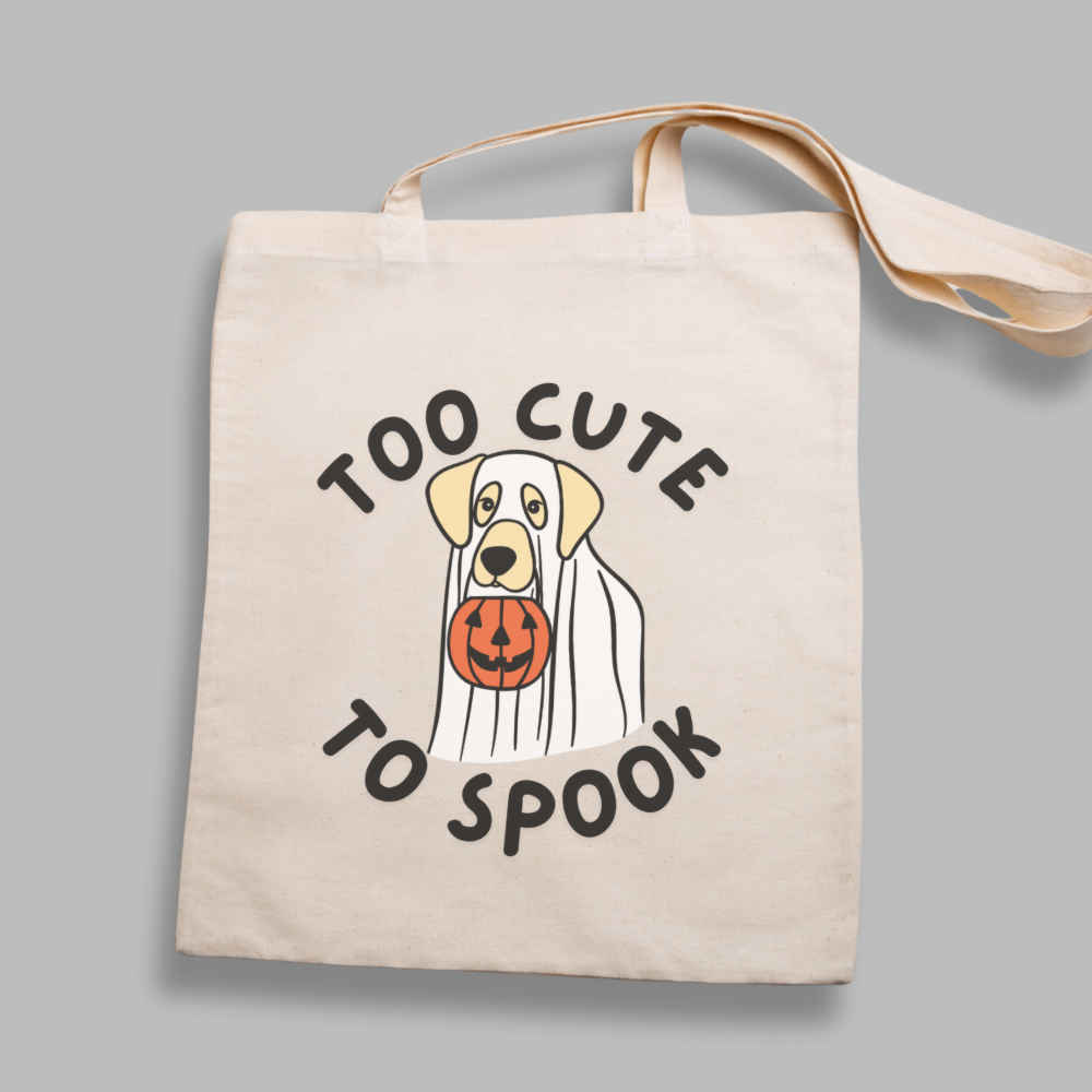 Too Cute to Spook Ghost Dog Tote Bag – Cute Halloween Dog Trick or Treat Bag, Funny Spooky Season Tote