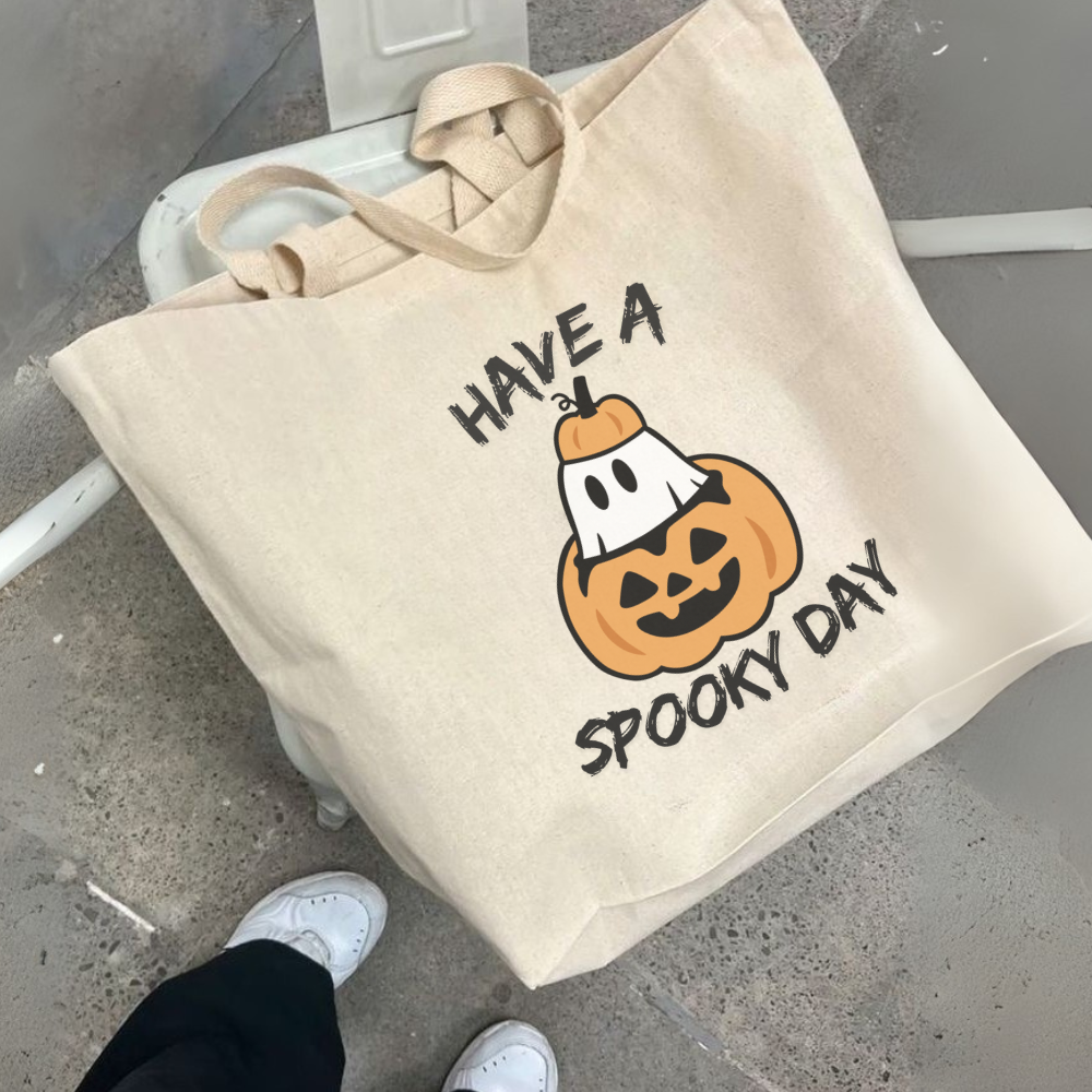Have a Spooky Day Halloween Tote Bag | Cute Ghost & Pumpkin Trick or Treat Reusable Bag