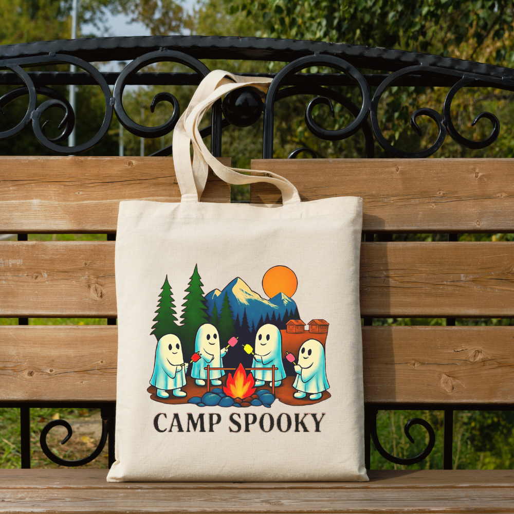 Camp Spooky Tote Bag | Cute Ghost Halloween Canvas Bag | Fun Spooky Autumn Tote | Gift for Her | Reusable Everyday Bag