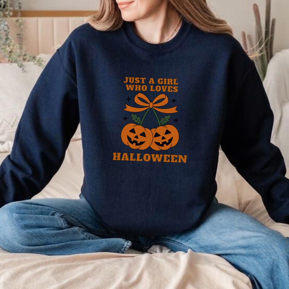Just a Girl Who Loves Halloween Sweatshirt | Coquette Pumpkin Cherries Aesthetic Spooky Fall Pullover