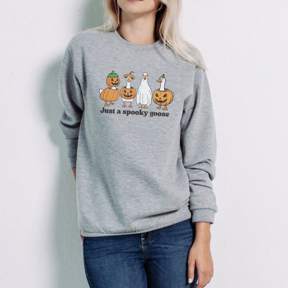 Just a Spooky Goose Sweatshirt | Funny Halloween Goose Crewneck | Cute Ghost Goose Pullover | Spooky Season Fall Aesthetic Sweater