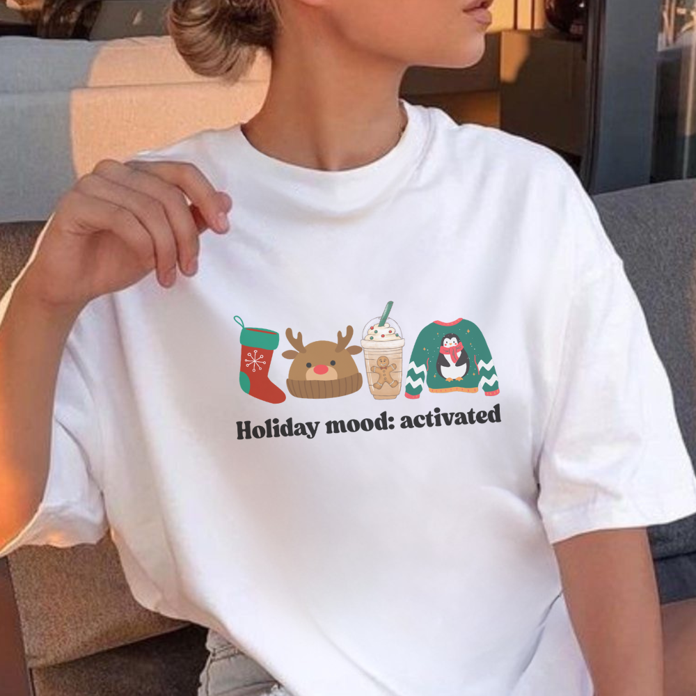 Holiday Mood Activated Christmas T-Shirt | Cute Festive Tee | Funny Holiday Shirt | Cozy Christmas Outfit | Christmas Gift for Her | Holiday Vibes Tee