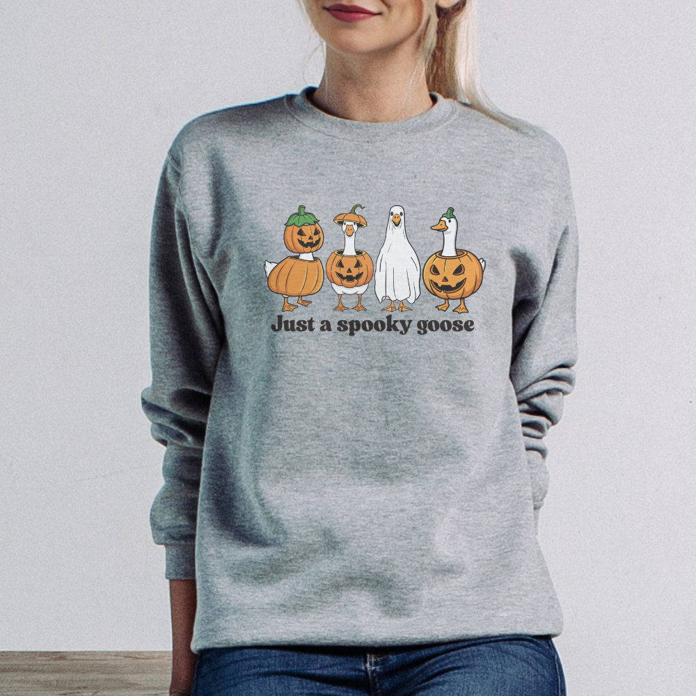Just a Spooky Goose Sweatshirt | Funny Halloween Goose Crewneck | Cute Ghost Goose Pullover | Spooky Season Fall Aesthetic Sweater