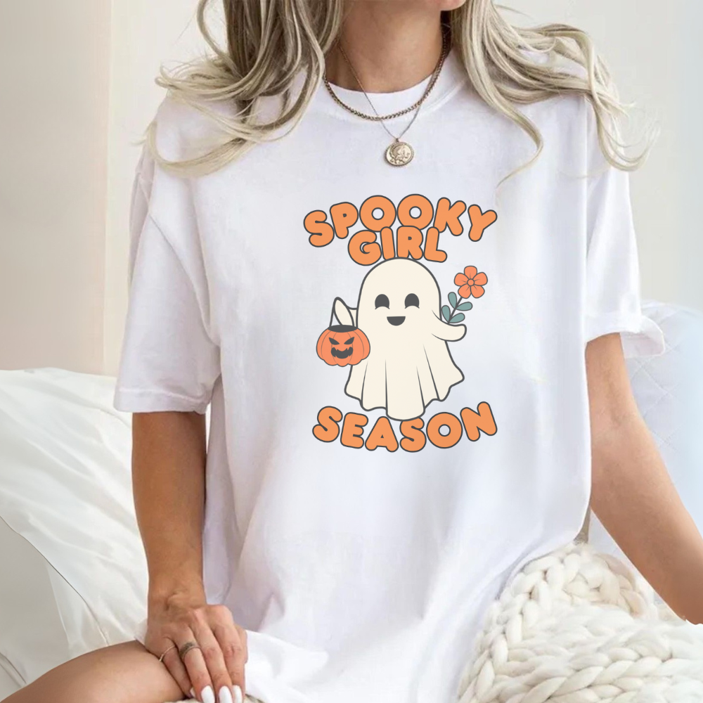 Spooky Girl Season T-Shirt with Cute Ghost | Halloween Graphic Tee | Fall Aesthetic Shirt for Women