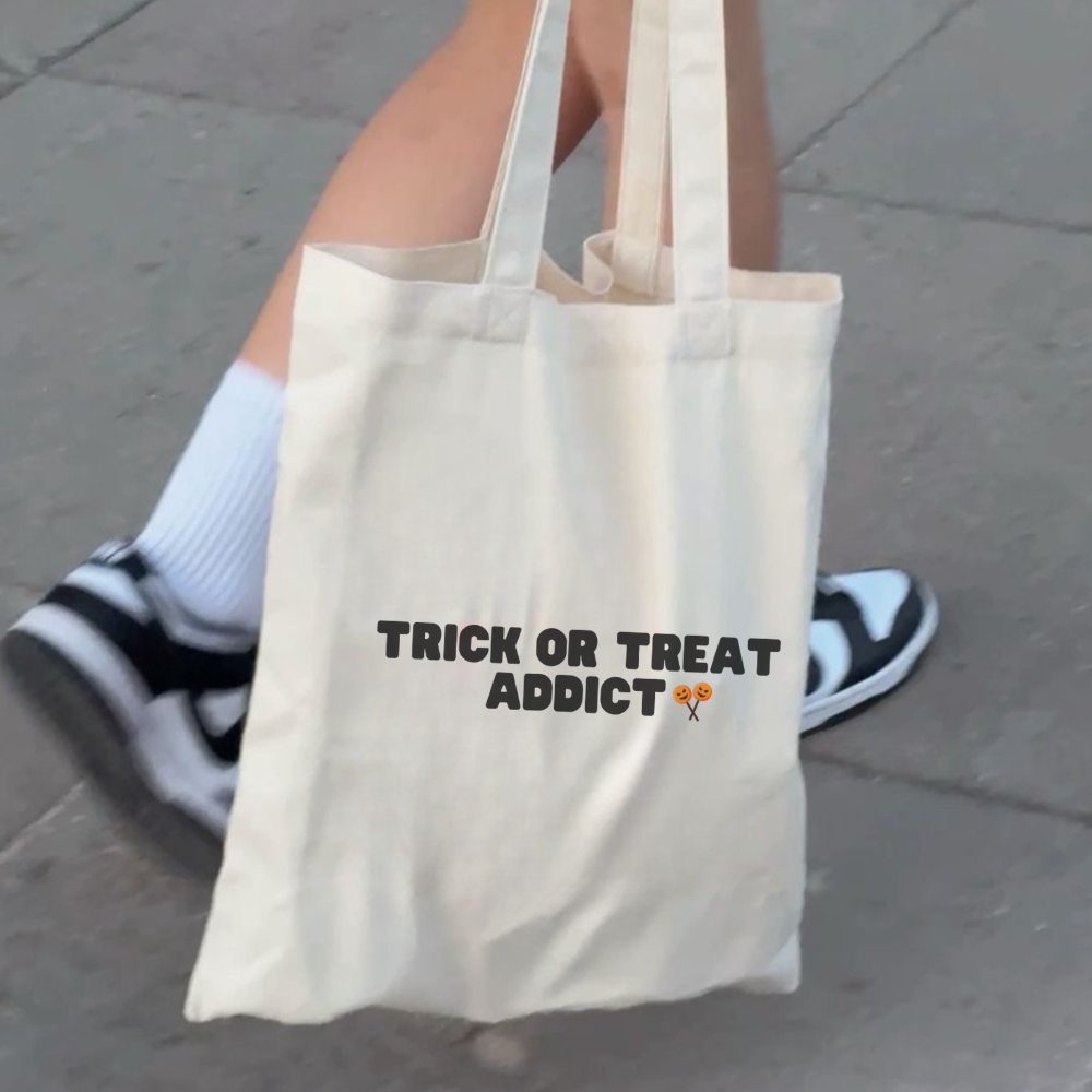 Trick or Treat Addict Tote Bag | Funny Halloween Tote | Cute Spooky Season Bag | Reusable Trick or Treat Candy Tote