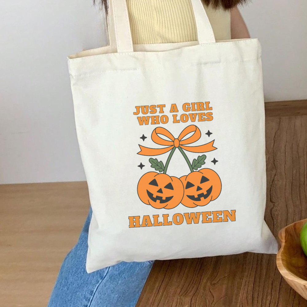 Just a Girl Who Loves Halloween Tote Bag | Coquette Pumpkin Cherries Aesthetic Reusable Bag