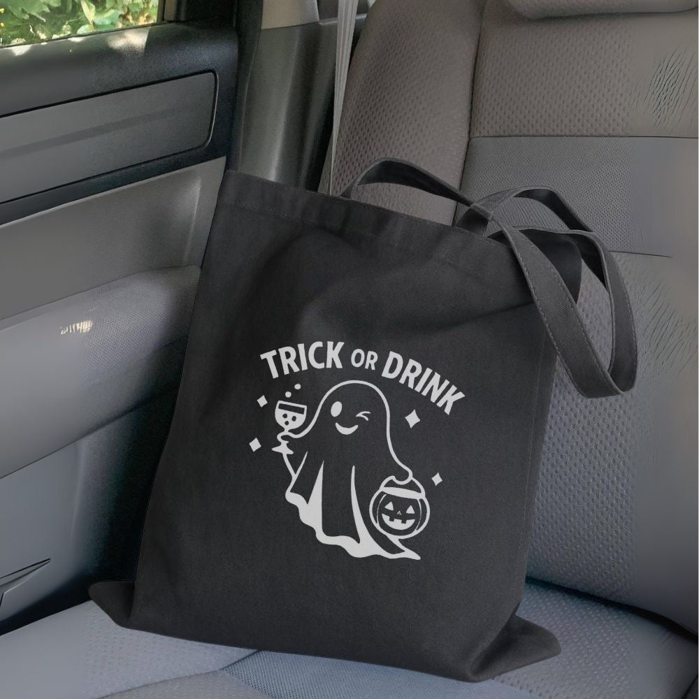 Trick or Drink Tote Bag – Halloween Party Bag, Reusable Canvas Bag, Funny Booze Tote, Spooky Gift Idea, Eco-Friendly Trick or Treat Bag