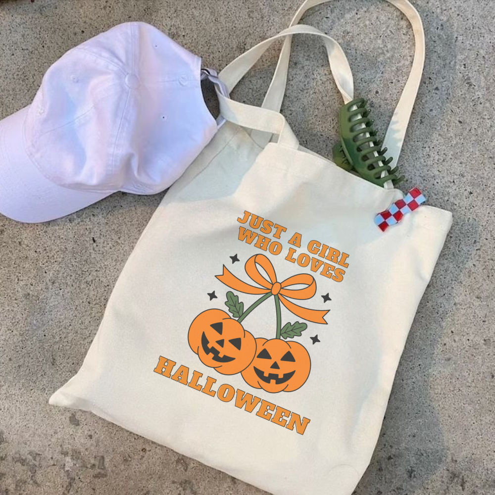 Just a Girl Who Loves Halloween Tote Bag | Coquette Pumpkin Cherries Aesthetic Reusable Bag
