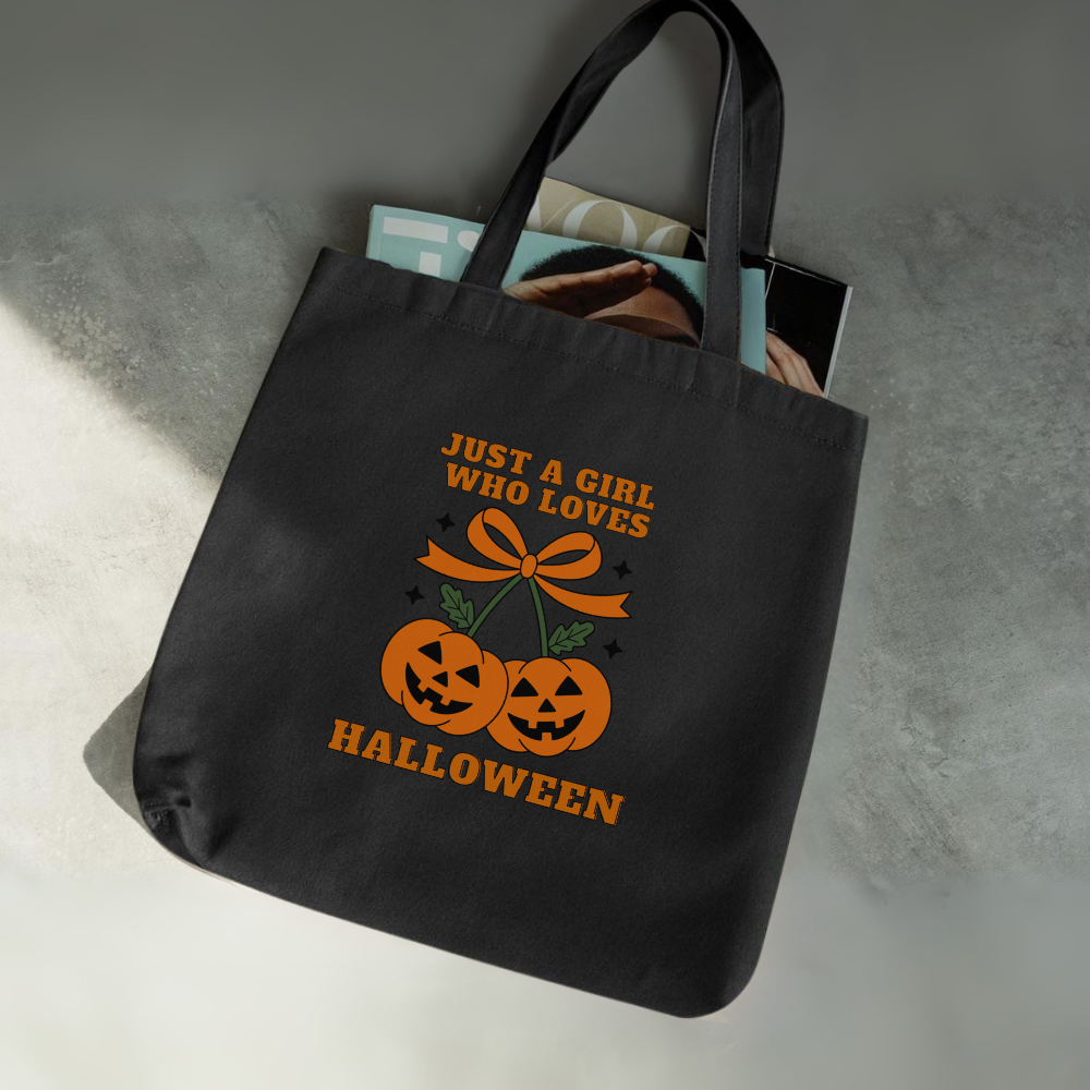 Just a Girl Who Loves Halloween Tote Bag | Coquette Pumpkin Cherries Aesthetic Reusable Bag
