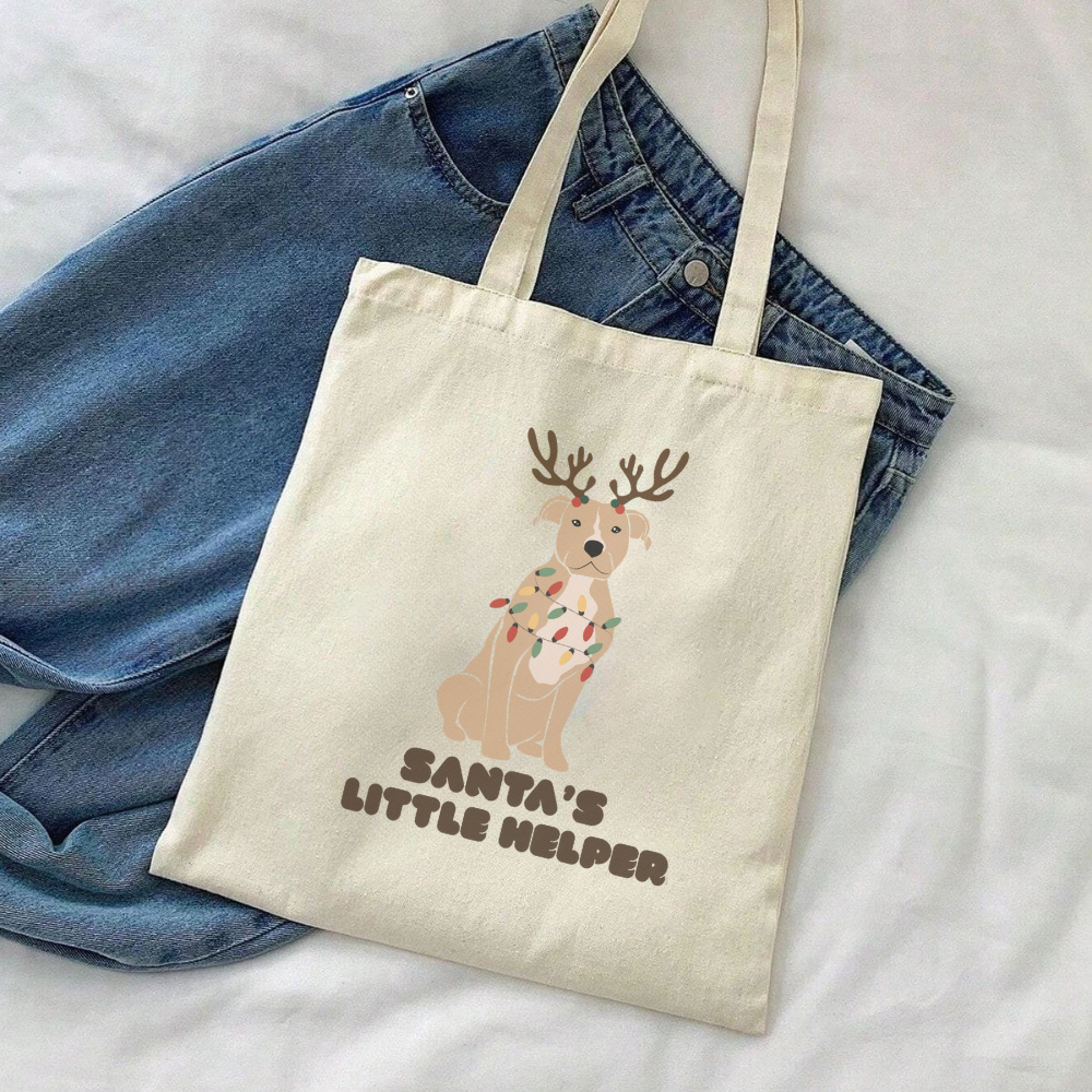 Santa’s Little Helper Tote Bag | Cute Christmas Dog Reindeer | Holiday Gift Eco Friendly Bag