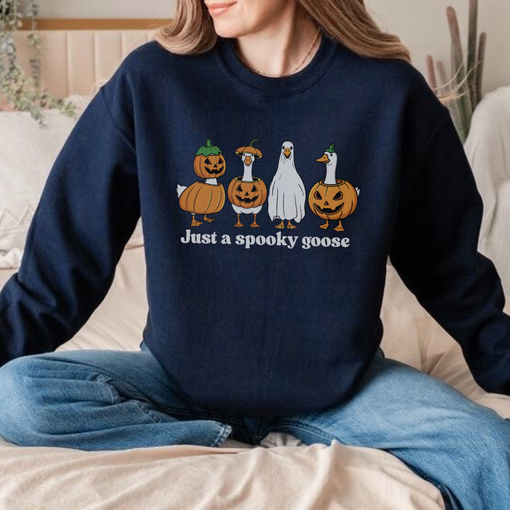 Just a Spooky Goose Sweatshirt | Funny Halloween Goose Crewneck | Cute Ghost Goose Pullover | Spooky Season Fall Aesthetic Sweater