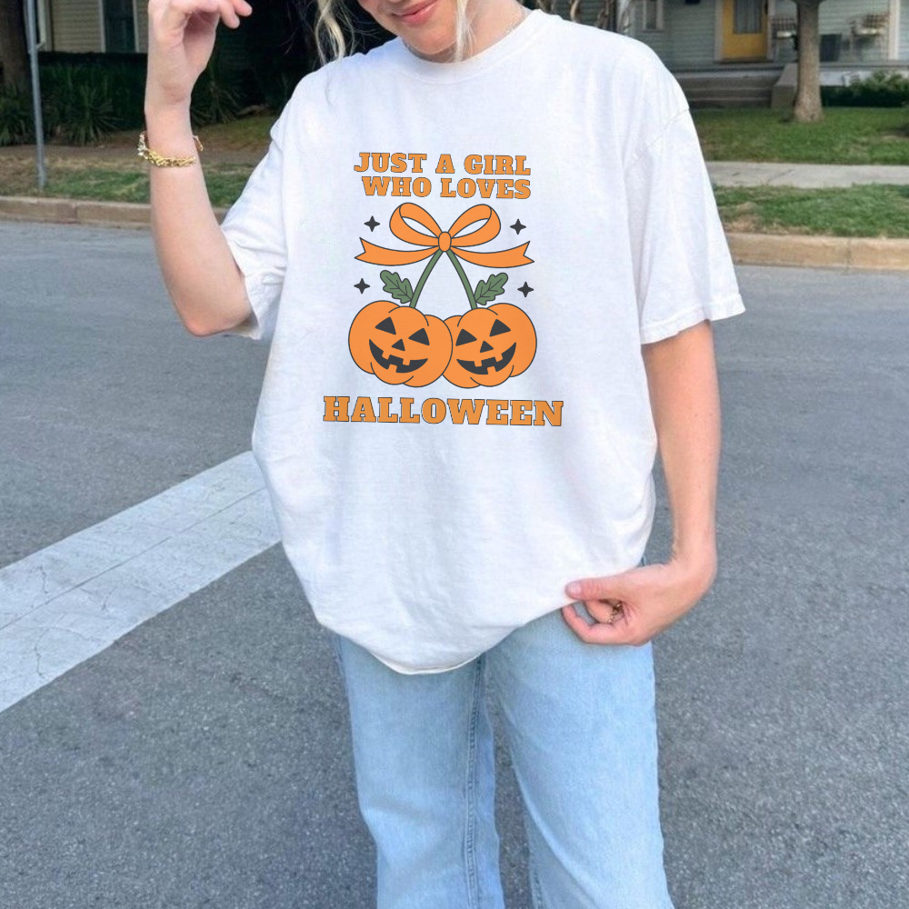 Just a Girl Who Loves Halloween T-Shirt | Coquette Pumpkin Cherries Aesthetic Fall Tee