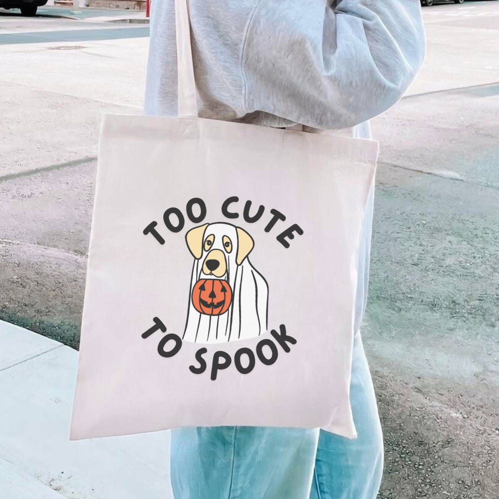Too Cute to Spook Ghost Dog Tote Bag – Cute Halloween Dog Trick or Treat Bag, Funny Spooky Season Tote