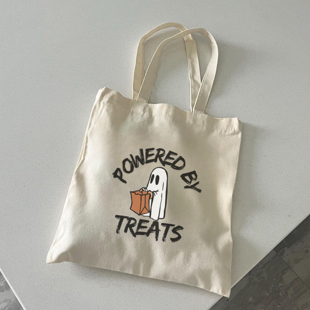 Powered by Treats Tote Bag | Cute Halloween Tote | Funny Trick or Treat Bag | Spooky Season Reusable Tote