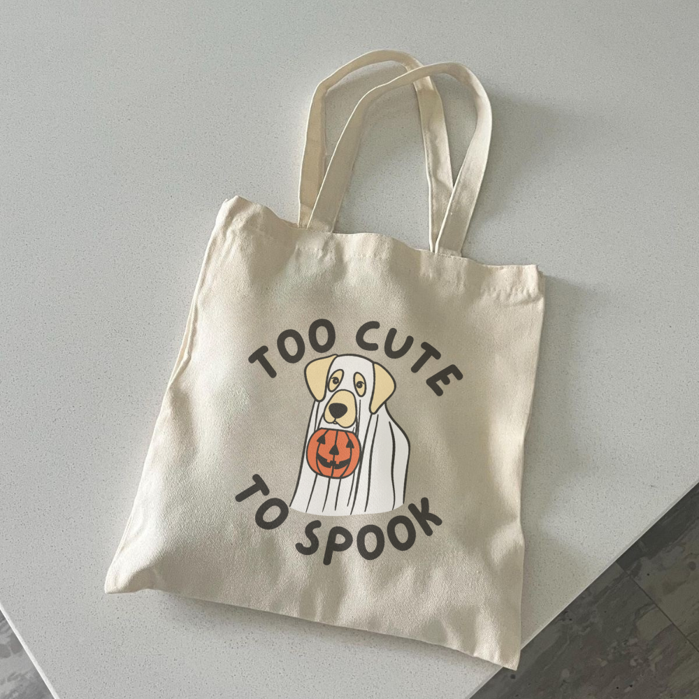 Too Cute to Spook Ghost Dog Tote Bag – Cute Halloween Dog Trick or Treat Bag, Funny Spooky Season Tote