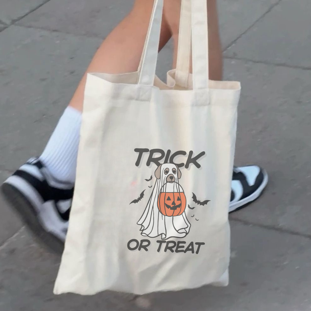 Trick or Treat Tote Bag with Ghost Dog | Cute Halloween Canvas Bag | Spooky Season Trick or Treating Tote | Dog Lover Gift