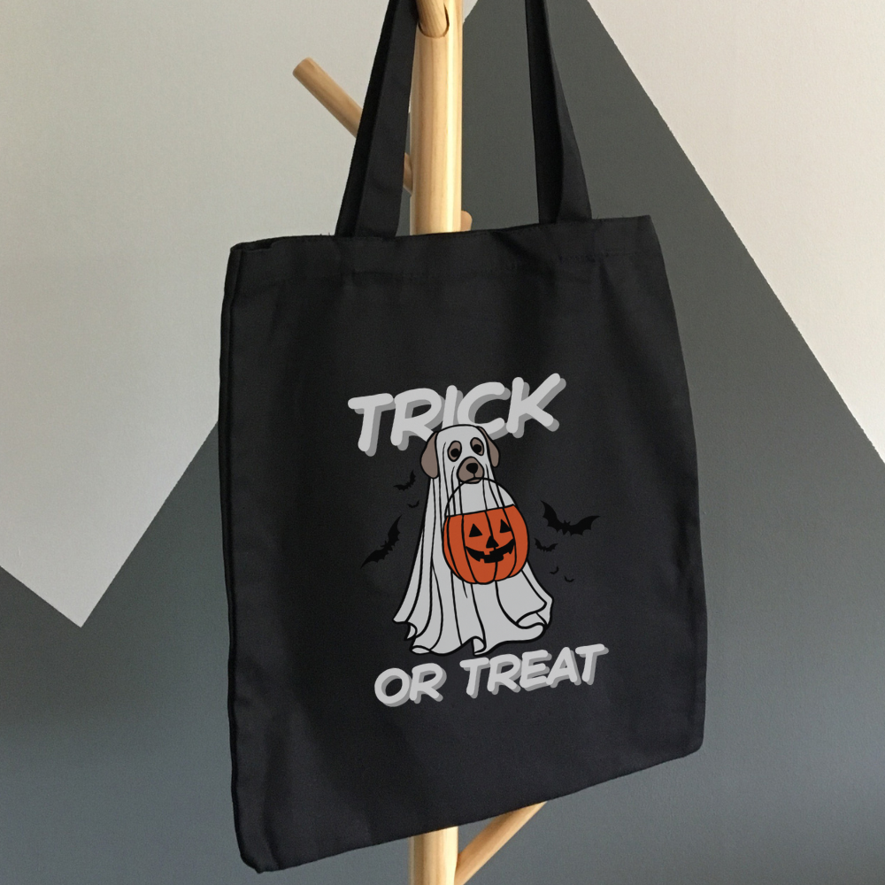 Trick or Treat Tote Bag with Ghost Dog | Cute Halloween Canvas Bag | Spooky Season Trick or Treating Tote | Dog Lover Gift