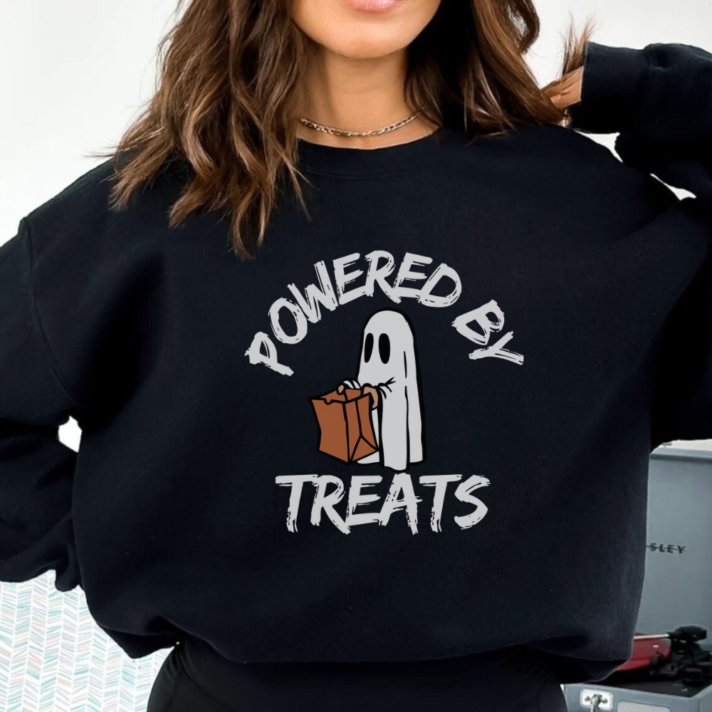 Powered by Treats Halloween Sweatshirt | Cute Ghost Trick or Treating Sweater