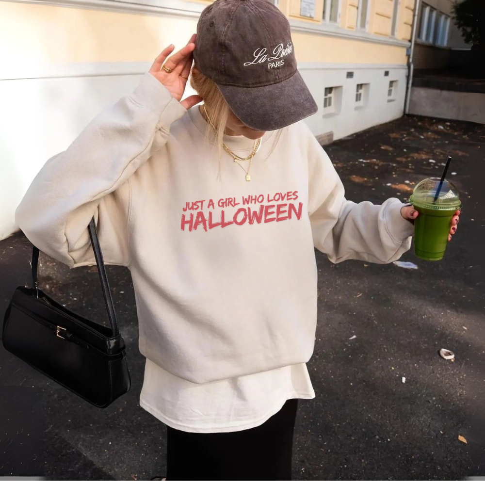 Just a Girl Who Loves Halloween Sweatshirt | Cute Coquette Fall Spooky Season Pullover | Aesthetic Halloween Crewneck for Women