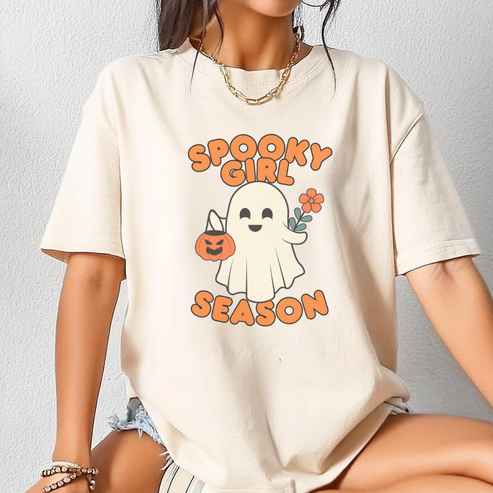 Spooky Girl Season T-Shirt with Cute Ghost | Halloween Graphic Tee | Fall Aesthetic Shirt for Women