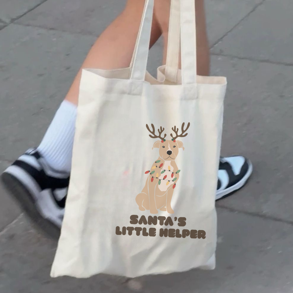 Santa’s Little Helper Tote Bag | Cute Christmas Dog Reindeer | Holiday Gift Eco Friendly Bag