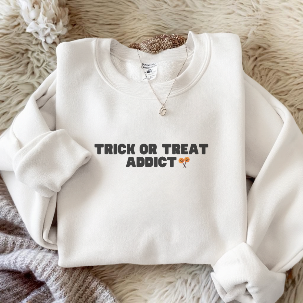 Trick or Treat Addict Sweatshirt | Cute Halloween Pullover | Spooky Season Fall Sweater