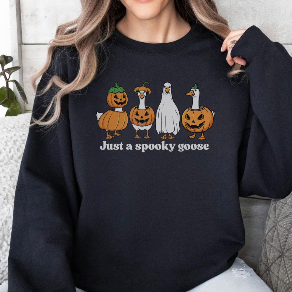 Just a Spooky Goose Sweatshirt | Funny Halloween Goose Crewneck | Cute Ghost Goose Pullover | Spooky Season Fall Aesthetic Sweater