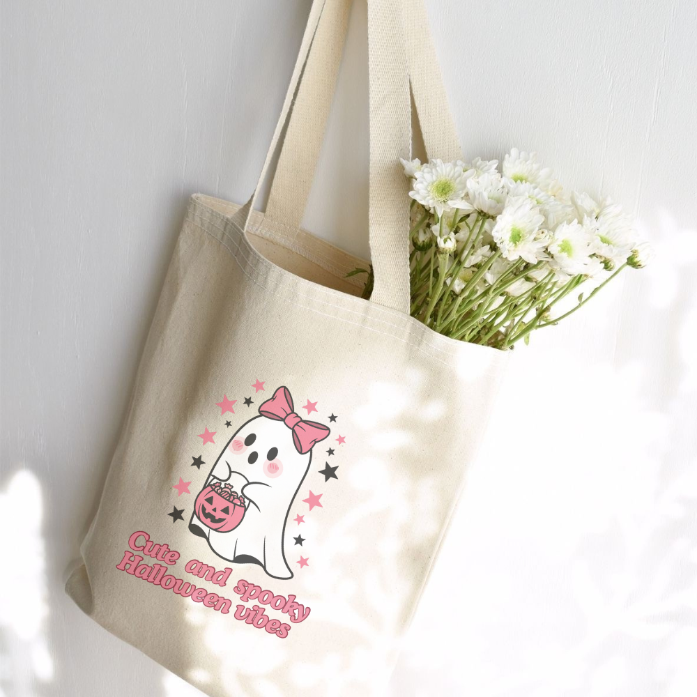 Cute and Spooky Halloween Vibes Tote Bag with Girly Ghost | Fall Aesthetic Reusable Canvas Bag | Trick or Treat Shopper
