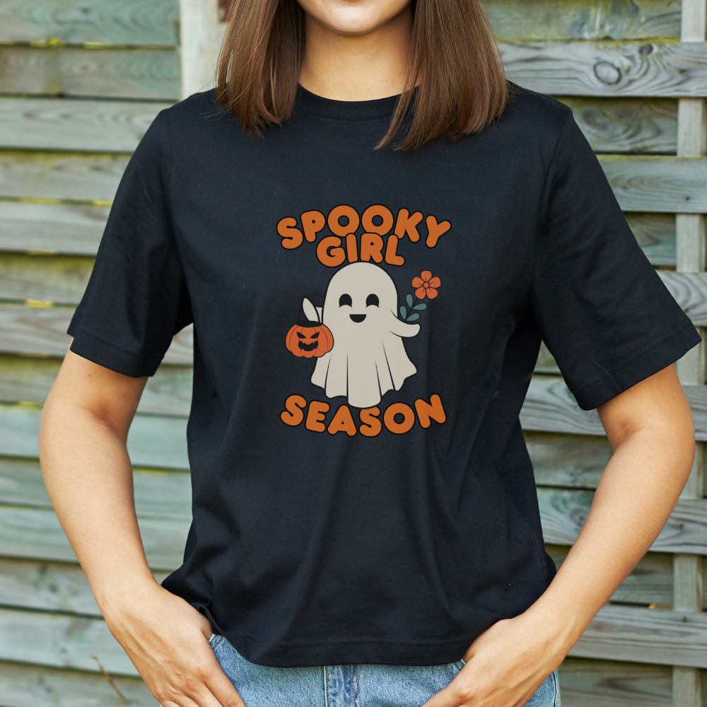 Spooky Girl Season T-Shirt with Cute Ghost | Halloween Graphic Tee | Fall Aesthetic Shirt for Women