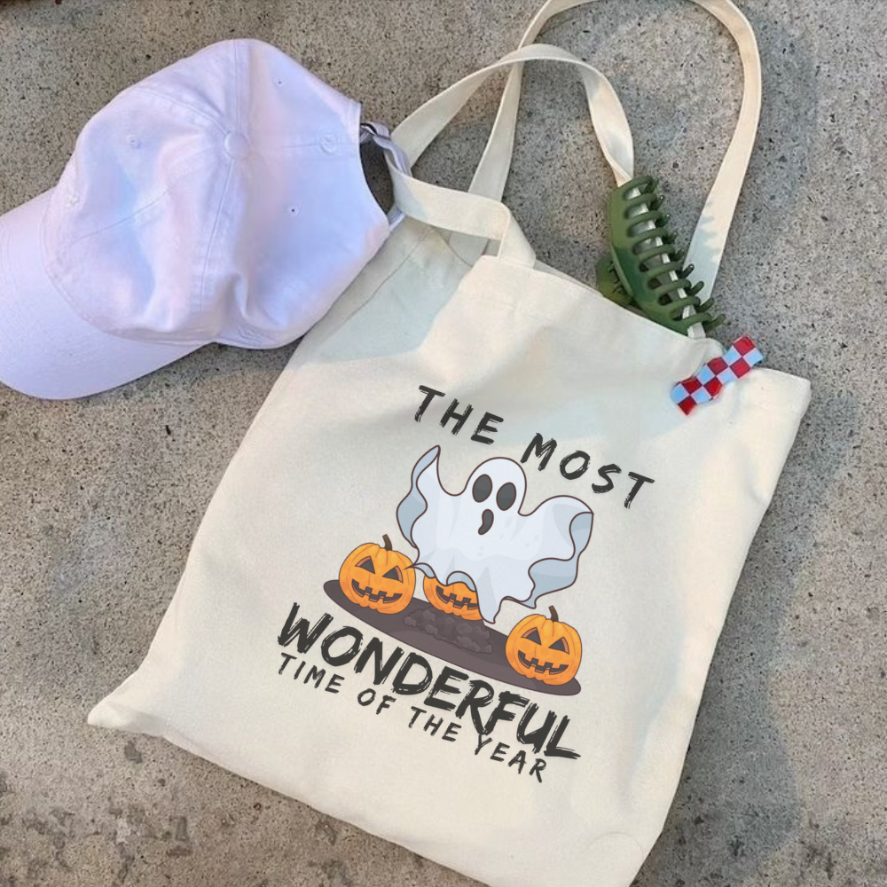 The Most Wonderful Time of the Year Halloween Tote Bag | Cute Ghost & Pumpkin Reusable Trick or Treat Bag